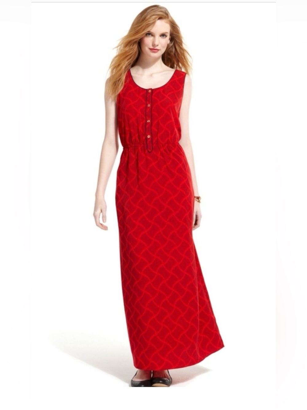 Tommy Hilfiger Red Sleeveless Maxi Dress Geometric Print Pockets Faux Buttons S